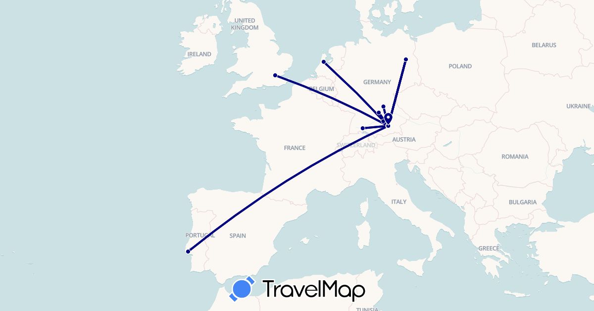 TravelMap itinerary: driving in Germany, United Kingdom, Netherlands, Portugal (Europe)